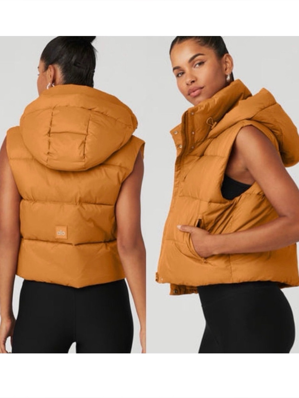ALO Yoga Hooded Sleeveless Puffer Vest in Mustard Gold